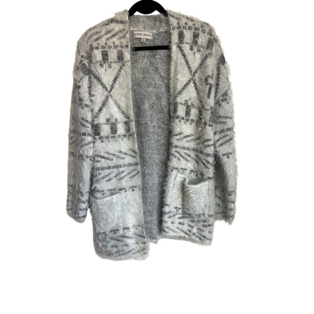 Knox Rose Sweater Women Medium Gray White Tribal Print Long Sleeve Open Cardigan